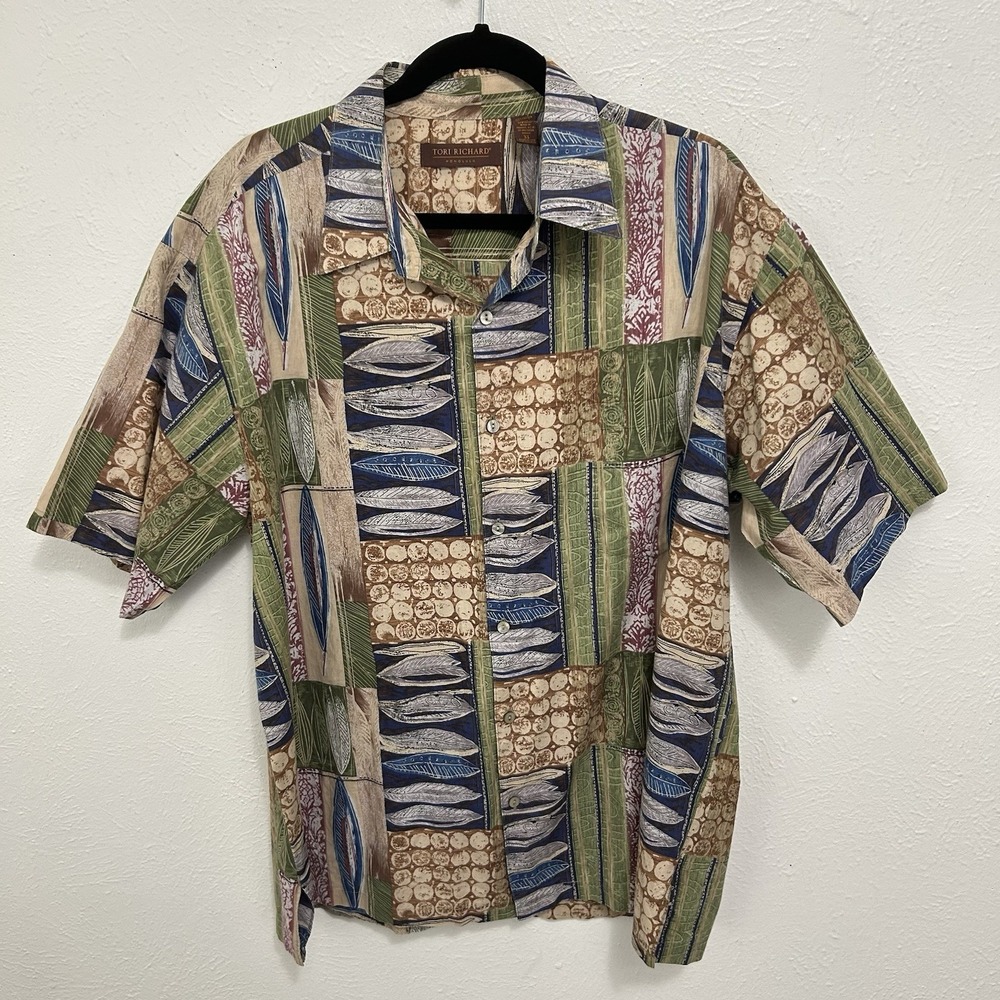 VTG‎ Tori Richard Shirt Green Hawaiian Button Up Camp Patchwork Art Sz XL Cotton